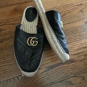 GUCCI espadrille Marmont slides Black leather GG